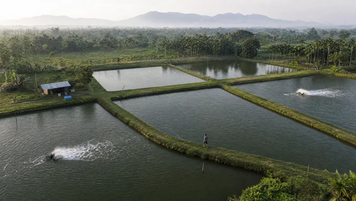 Aerial view of a multi-pond fish farm in Kamrup, Assam, with two aerators running and a caretaker walking along a bund.