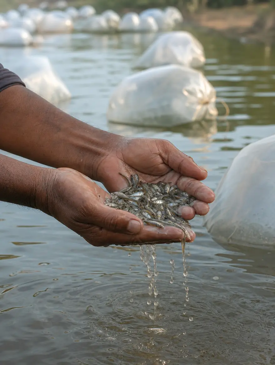 A farmer’s cupped hands lift tiny fingerlings from pond water during stocking.