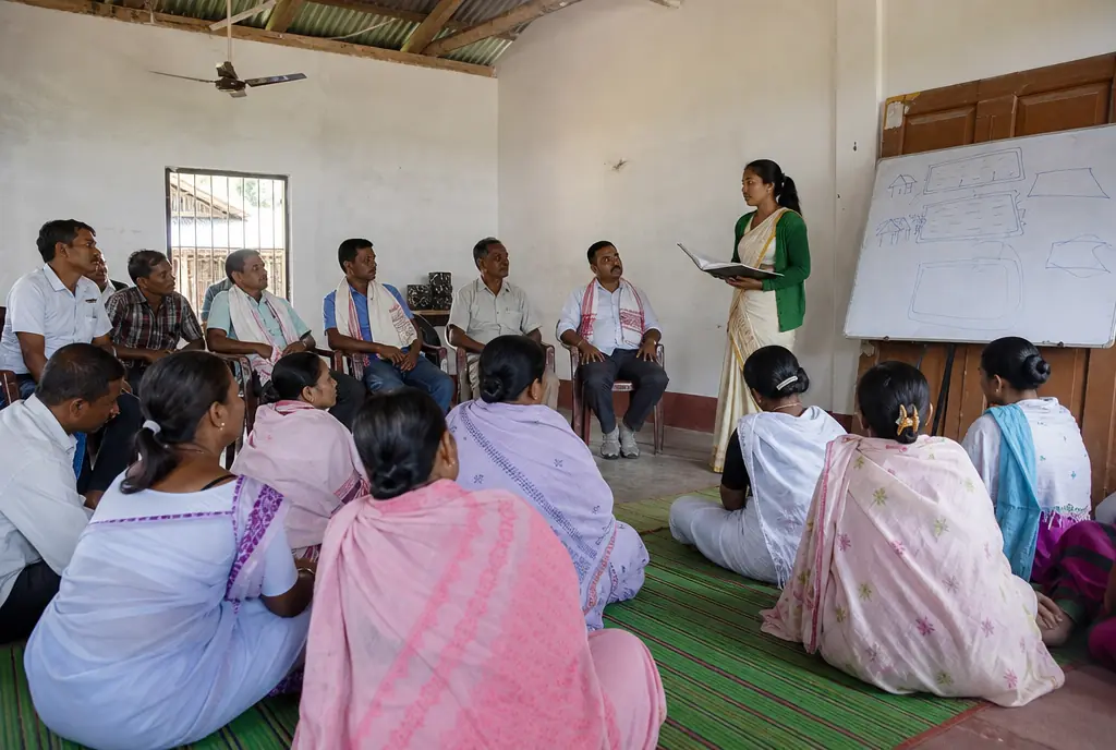 Members of a fish farmer producer company in a meeting in a village hall.