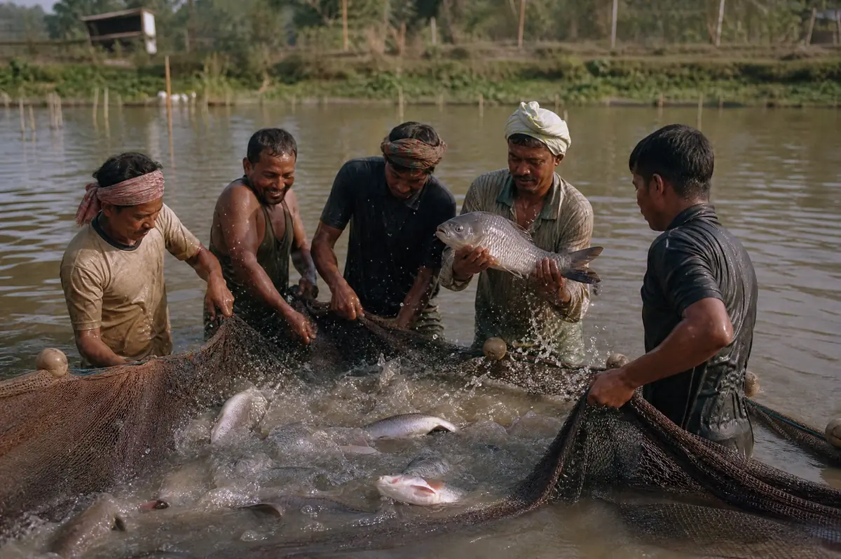 Men pull a drag net full of rohu and catla in a village pond.