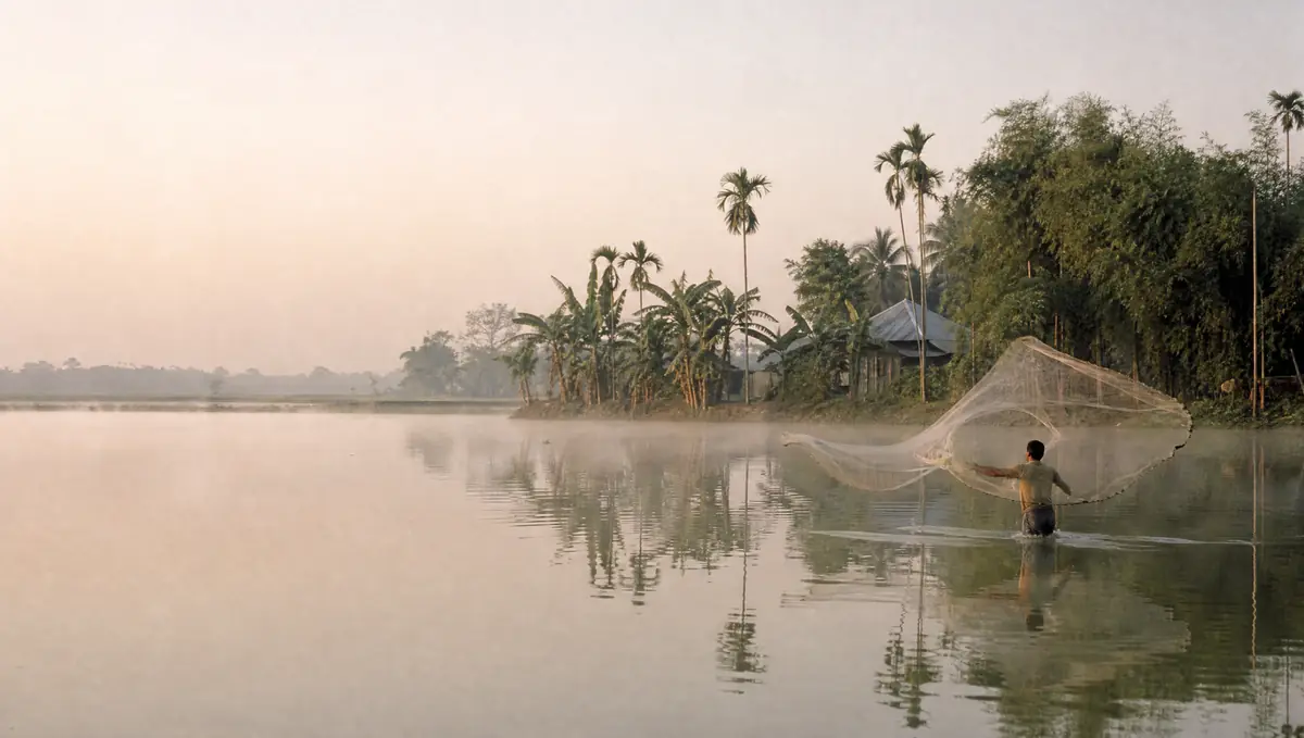 A fisherman throws a cast net at dawn in a misty village pond, with areca palms and bamboo along the bank.