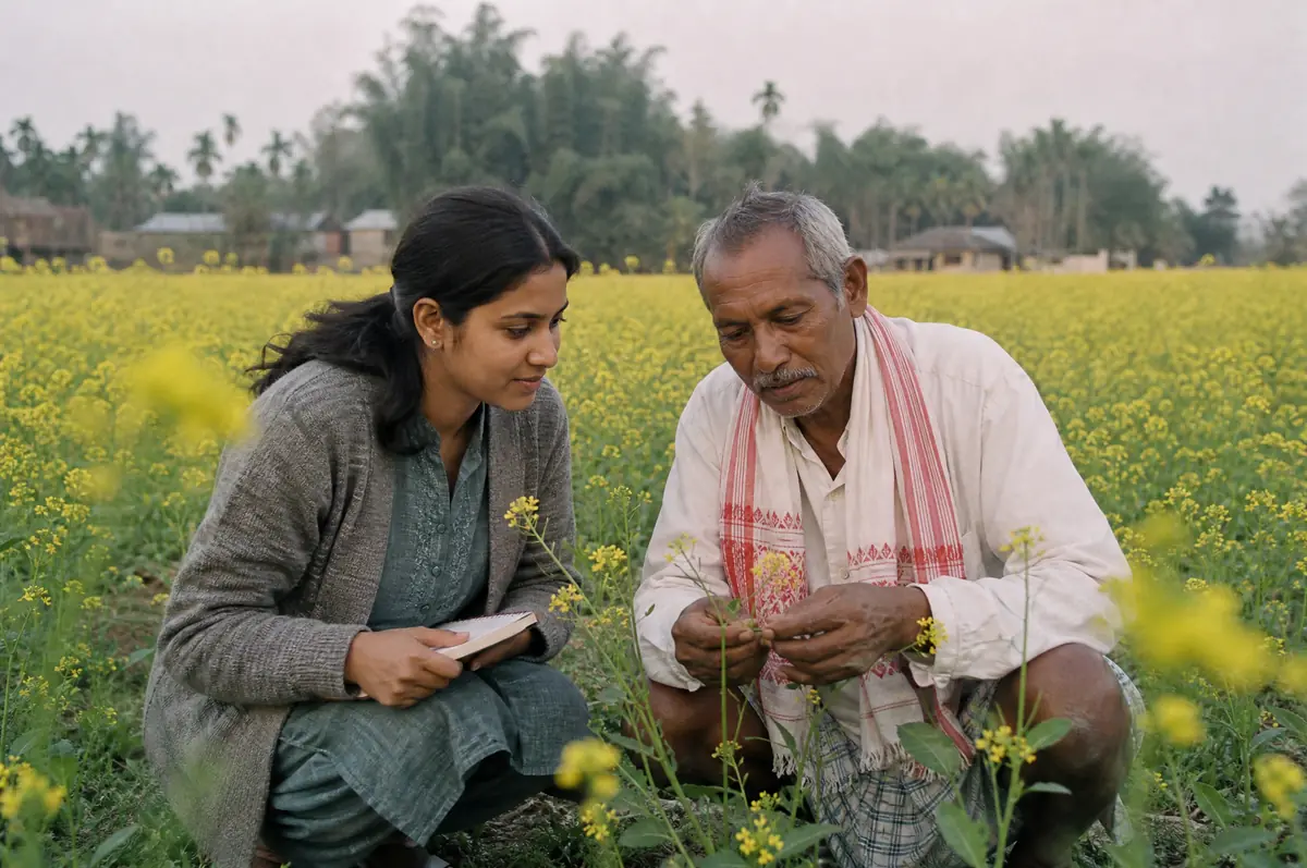 An agronomist and a farmer examine a mustard plant in a field in flower.