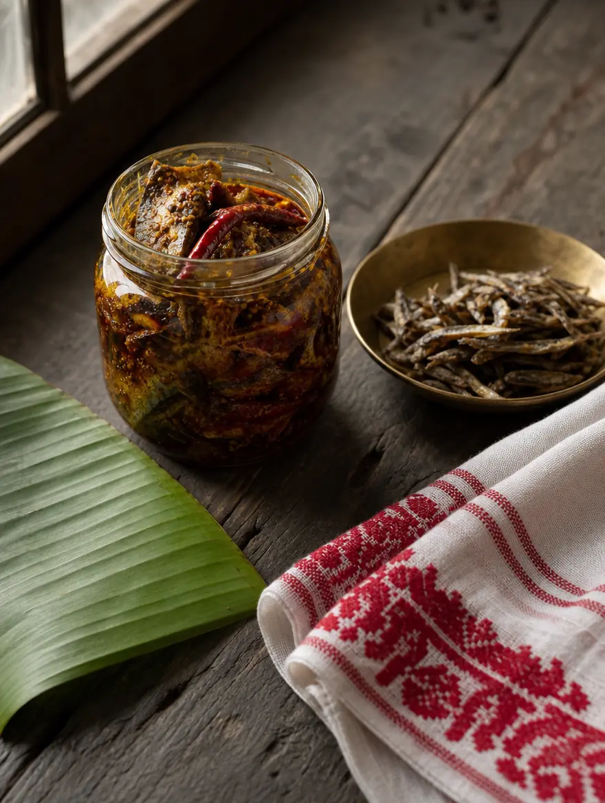 A jar of Assamese fish pickle beside a bowl of dried fish and a gamosa.