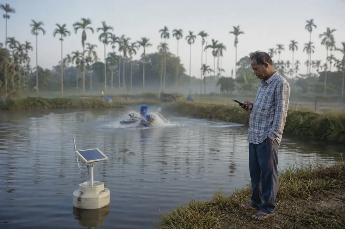 A solar-powered water-quality sensor floats in a fish pond while a farmer checks readings on his phone; an aerator runs in the background.