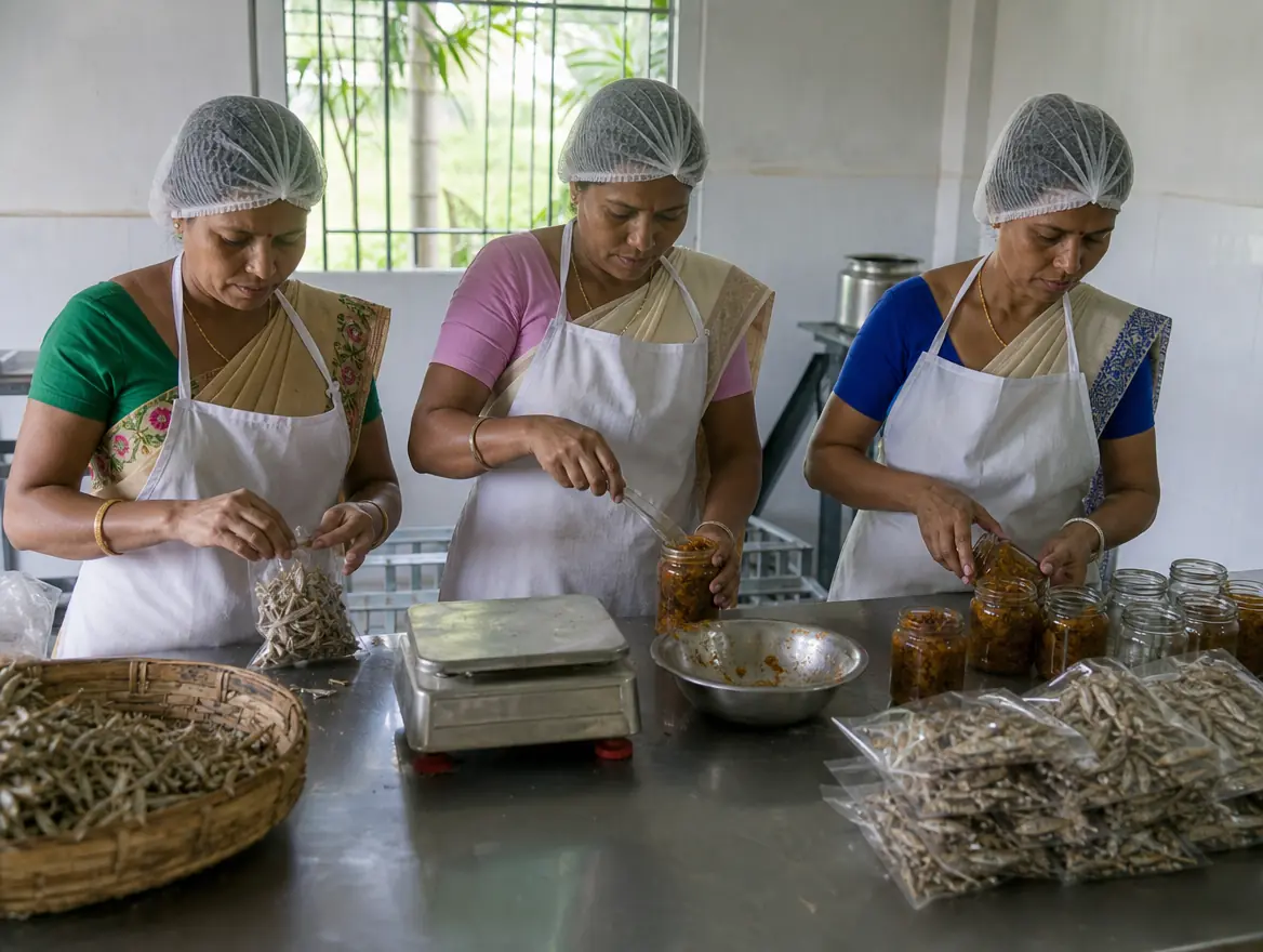 Women from a self-help group pack dried fish and pickle in a small processing unit.