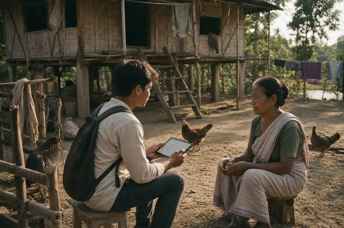 A field researcher with a tablet interviews a woman farmer in the courtyard of a bamboo stilt house in Dhemaji, Assam.