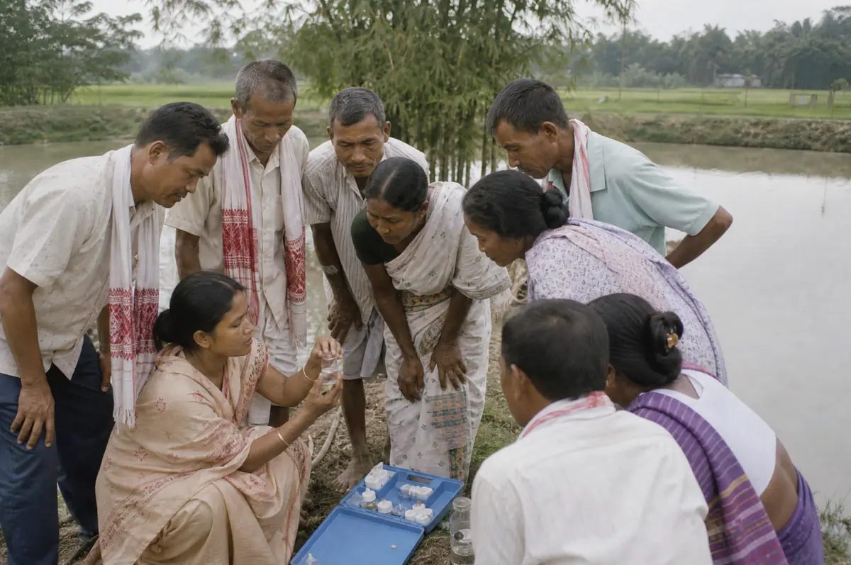 A trainer demonstrates a water test kit to farmers at the edge of a village pond.